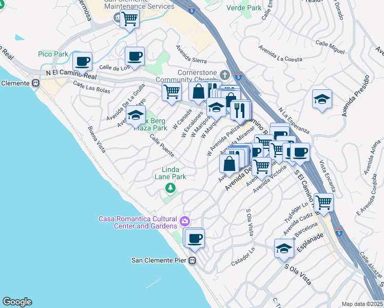 map of restaurants, bars, coffee shops, grocery stores, and more near 156 West Marquita in San Clemente