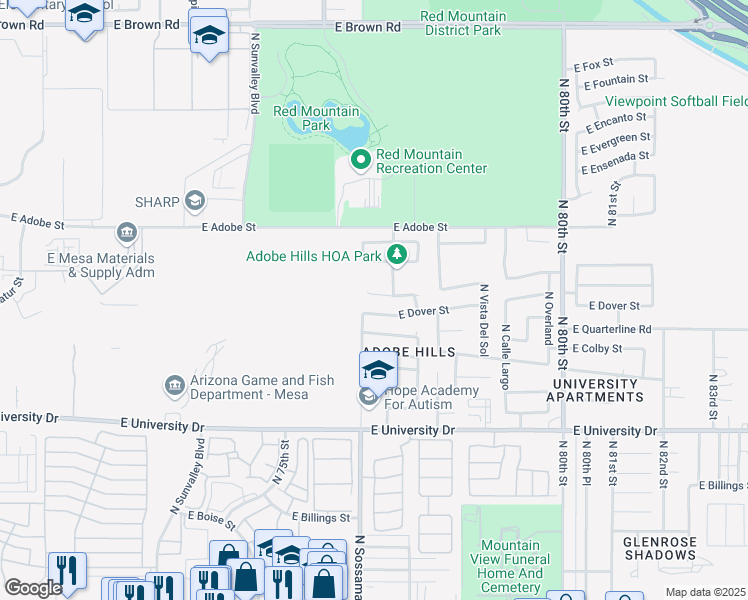 map of restaurants, bars, coffee shops, grocery stores, and more near 7617 East Des Moines Circle in Mesa