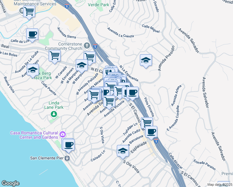map of restaurants, bars, coffee shops, grocery stores, and more near 106 Avenida Del Mar in San Clemente