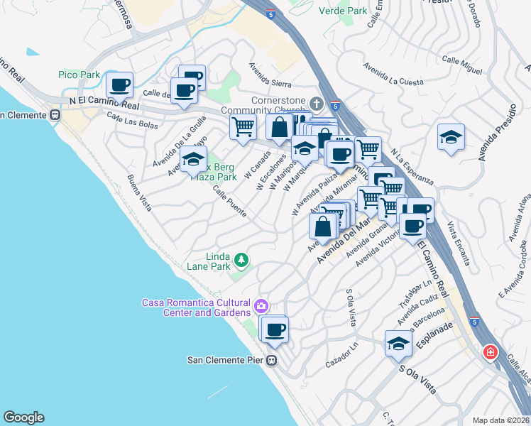 map of restaurants, bars, coffee shops, grocery stores, and more near 148 West Marquita in San Clemente