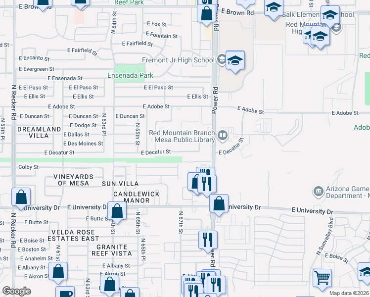 map of restaurants, bars, coffee shops, grocery stores, and more near 6655 East Des Moines Street in Mesa