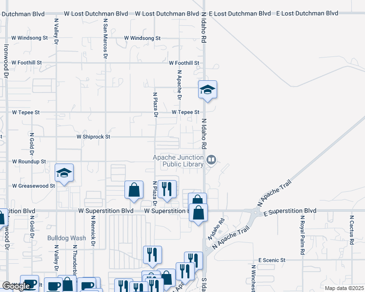 map of restaurants, bars, coffee shops, grocery stores, and more near 1440 North Idaho Road in Apache Junction