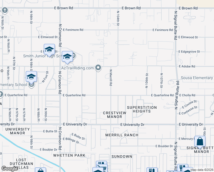 map of restaurants, bars, coffee shops, grocery stores, and more near 649 North 102nd Place in Mesa