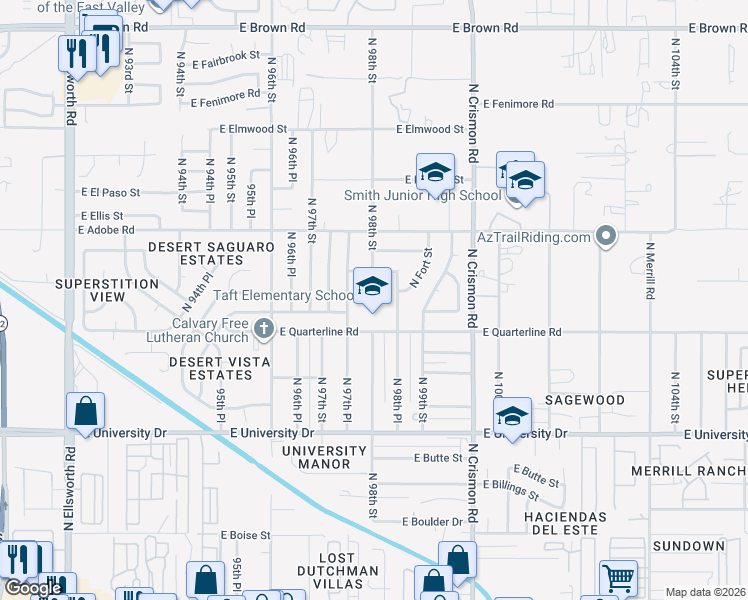 map of restaurants, bars, coffee shops, grocery stores, and more near 9800 E Quarterline Rd in Mesa