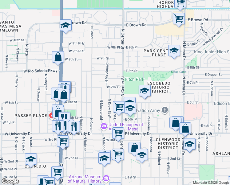 map of restaurants, bars, coffee shops, grocery stores, and more near 33 West 7th Street in Mesa