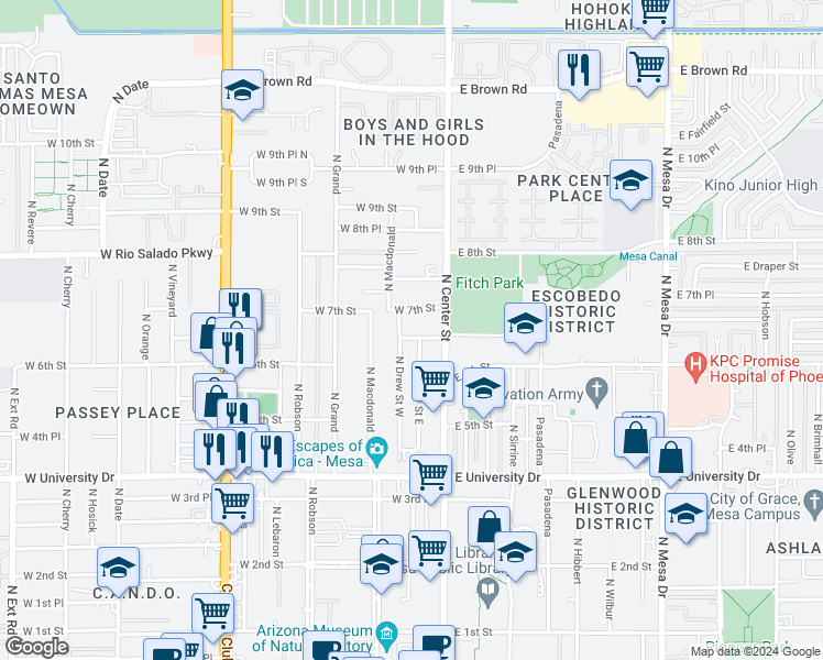 map of restaurants, bars, coffee shops, grocery stores, and more near 33 West 7th Street in Mesa