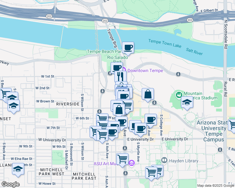 map of restaurants, bars, coffee shops, grocery stores, and more near in Tempe