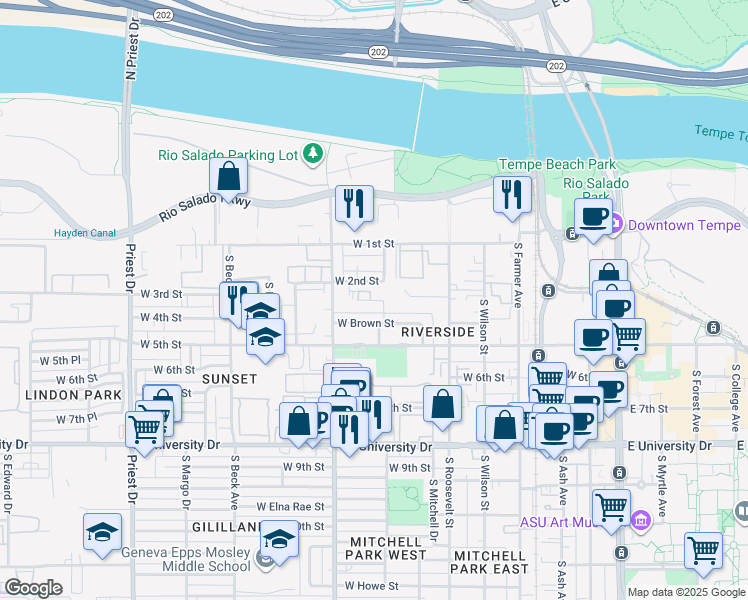 map of restaurants, bars, coffee shops, grocery stores, and more near 818 West 3rd Street in Tempe
