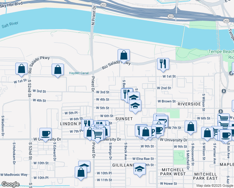 map of restaurants, bars, coffee shops, grocery stores, and more near 12 Apartment in Tempe