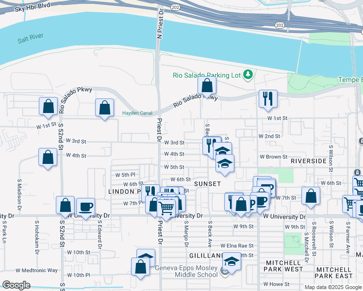 map of restaurants, bars, coffee shops, grocery stores, and more near 8 Apartment in Tempe