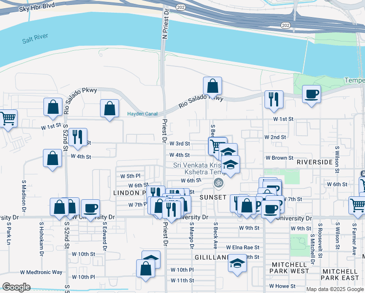 map of restaurants, bars, coffee shops, grocery stores, and more near 2355 South Priest Drive in Tempe