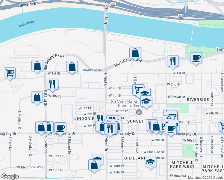 map of restaurants, bars, coffee shops, grocery stores, and more near 2355 South Priest Drive in Tempe