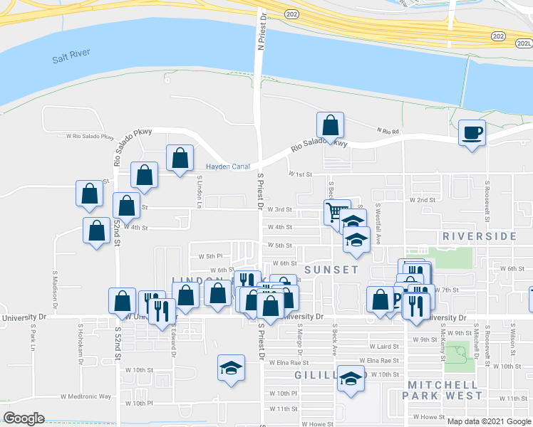 map of restaurants, bars, coffee shops, grocery stores, and more near 2355 South Priest Drive in Tempe