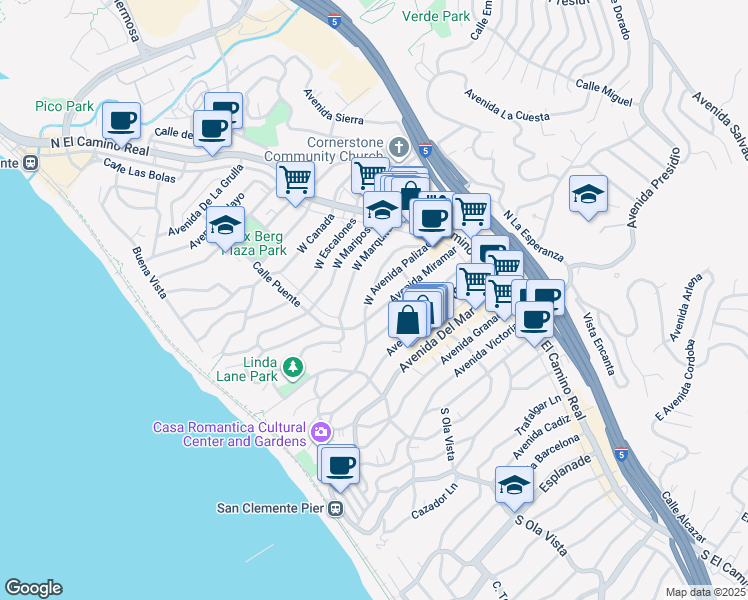 map of restaurants, bars, coffee shops, grocery stores, and more near 221 West Avenida Palizada in San Clemente