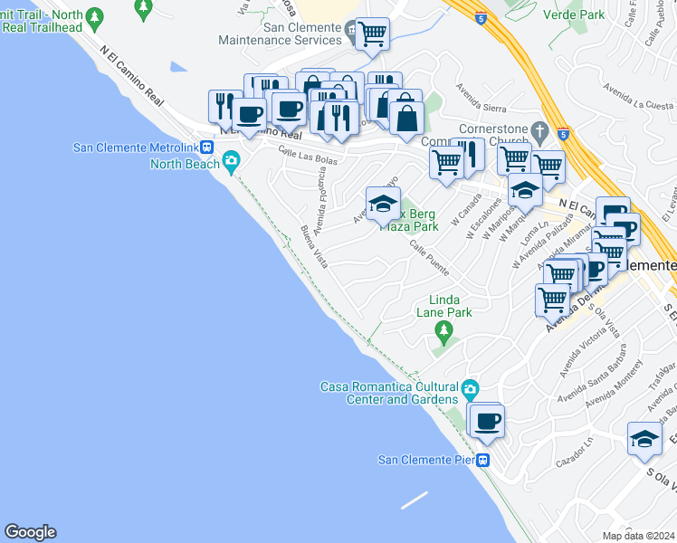 map of restaurants, bars, coffee shops, grocery stores, and more near 1102 Buena Vista in San Clemente
