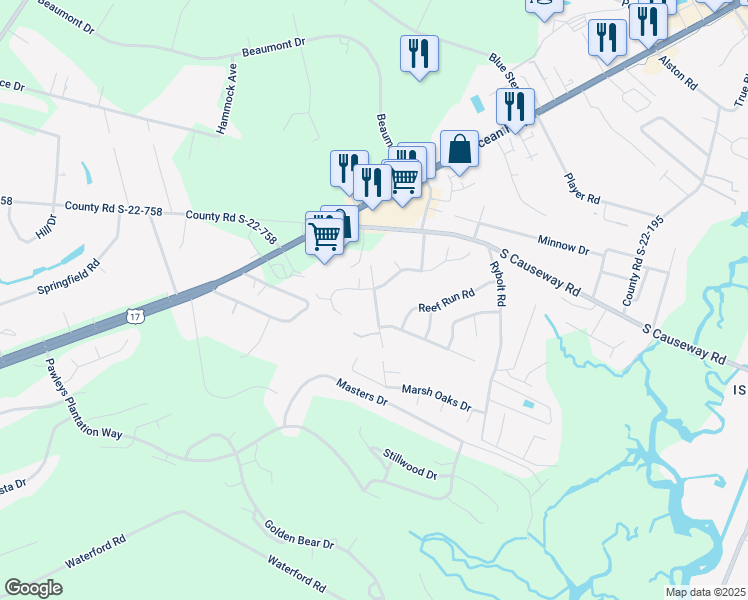 map of restaurants, bars, coffee shops, grocery stores, and more near 287 Navigators Drive in Pawleys Island