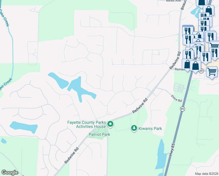 map of restaurants, bars, coffee shops, grocery stores, and more near 100 Lakemont Circle in Fayetteville