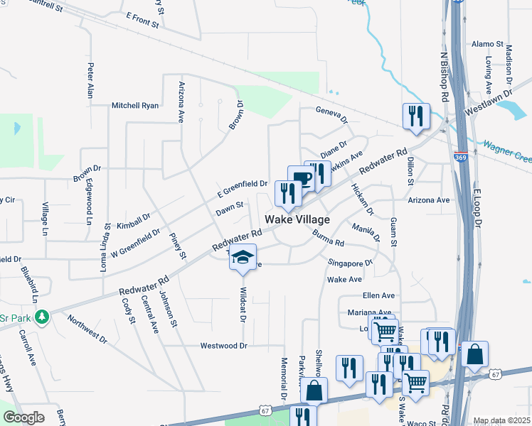 map of restaurants, bars, coffee shops, grocery stores, and more near 523 Redwater Road in Wake Village