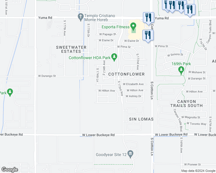 map of restaurants, bars, coffee shops, grocery stores, and more near 17367 West Elizabeth Avenue in Goodyear