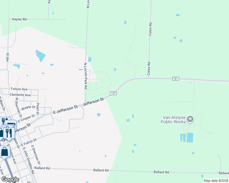 map of restaurants, bars, coffee shops, grocery stores, and more near 10571 Farm to Market 121 in Van Alstyne