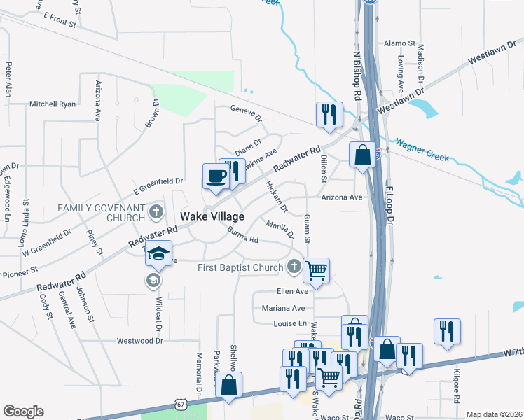 map of restaurants, bars, coffee shops, grocery stores, and more near 729-733 Mac Arthur Avenue in Wake Village