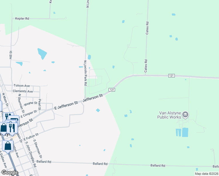 map of restaurants, bars, coffee shops, grocery stores, and more near 10571 Farm to Market 121 in Van Alstyne