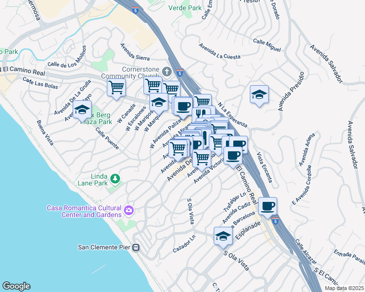 map of restaurants, bars, coffee shops, grocery stores, and more near 137 Avenida Serra in San Clemente