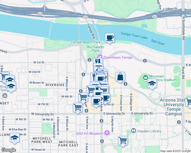 map of restaurants, bars, coffee shops, grocery stores, and more near 51 West 3rd Street in Tempe