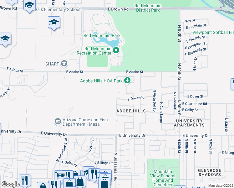 map of restaurants, bars, coffee shops, grocery stores, and more near 7605 East Des Moines Circle in Mesa