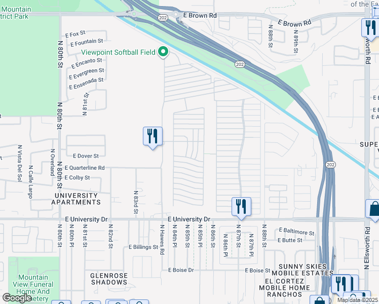 map of restaurants, bars, coffee shops, grocery stores, and more near Ln 4100 in Mesa