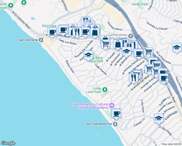 map of restaurants, bars, coffee shops, grocery stores, and more near 221 Avenida Del Poniente in San Clemente