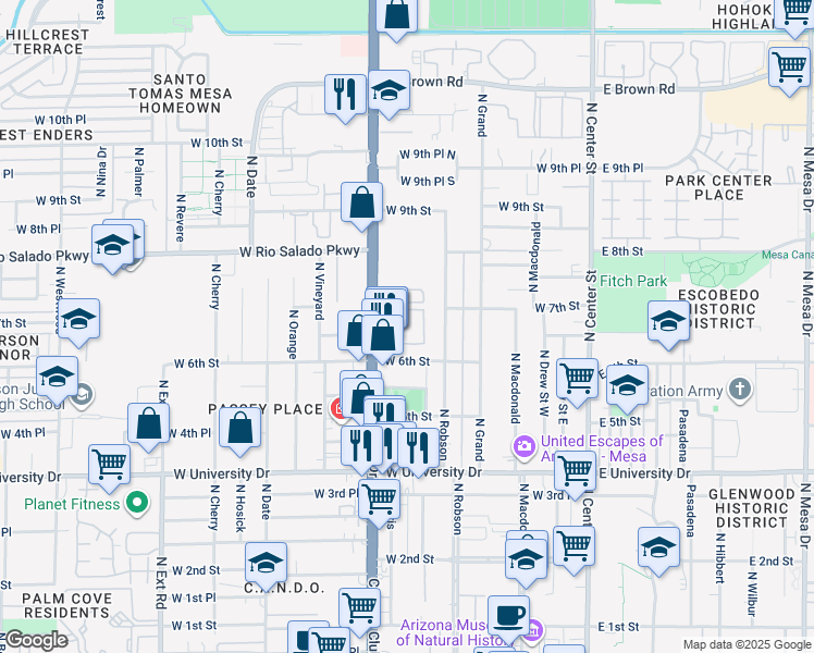 map of restaurants, bars, coffee shops, grocery stores, and more near 645 North Country Club Drive in Mesa