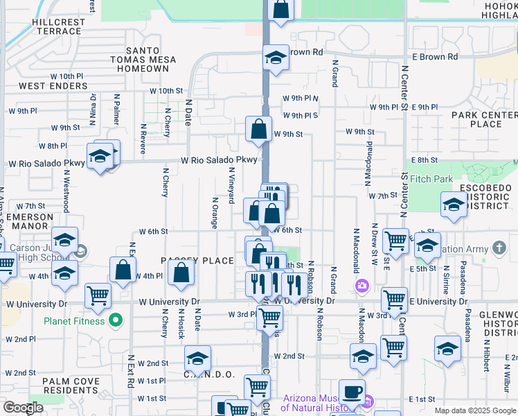 map of restaurants, bars, coffee shops, grocery stores, and more near 636 North Country Club Drive in Mesa