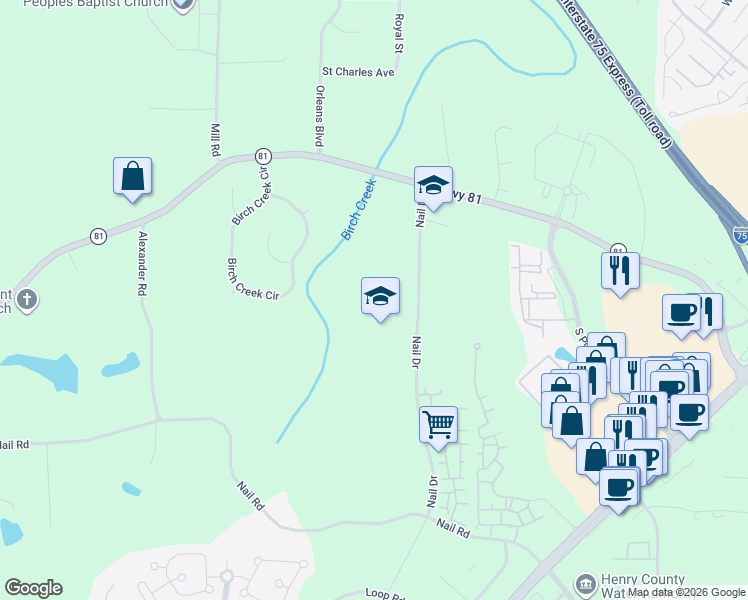 map of restaurants, bars, coffee shops, grocery stores, and more near 133 Nail Drive in McDonough