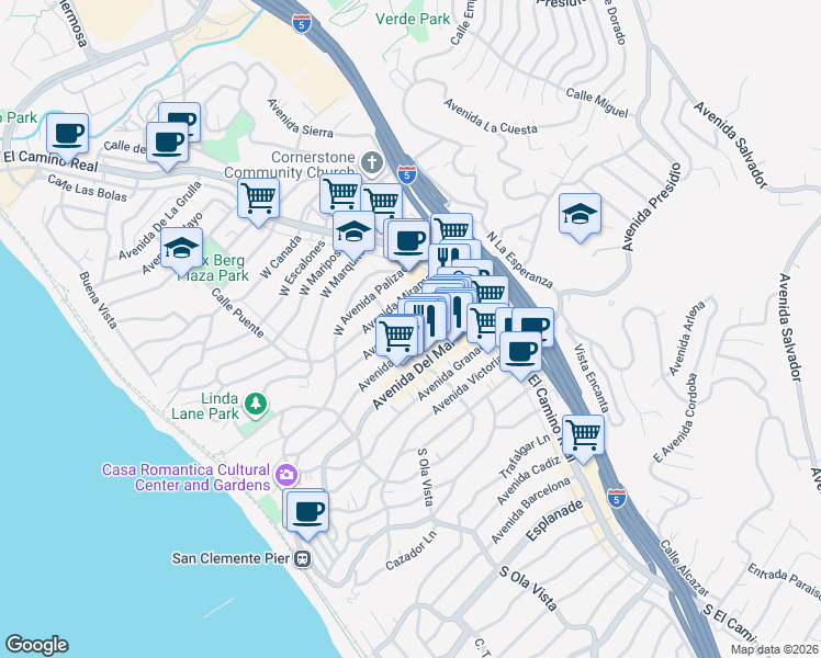 map of restaurants, bars, coffee shops, grocery stores, and more near 137 Avenida Serra in San Clemente
