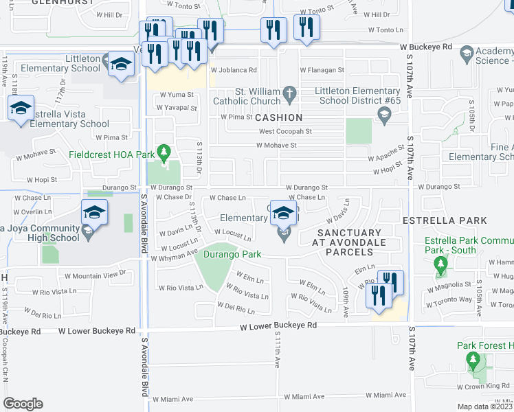 map of restaurants, bars, coffee shops, grocery stores, and more near 2201 South 112th Avenue in Avondale