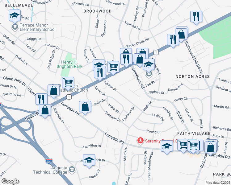 map of restaurants, bars, coffee shops, grocery stores, and more near 2564 Lyman Street in Augusta