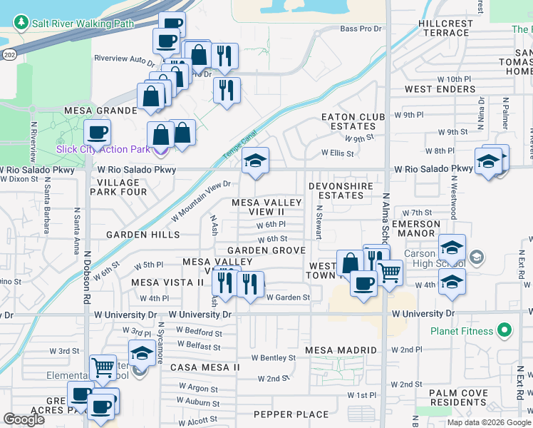 map of restaurants, bars, coffee shops, grocery stores, and more near 1530 West 7th Street in Mesa