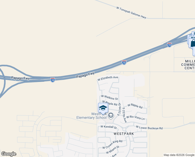 map of restaurants, bars, coffee shops, grocery stores, and more near 25884 West Elizabeth Avenue in Buckeye