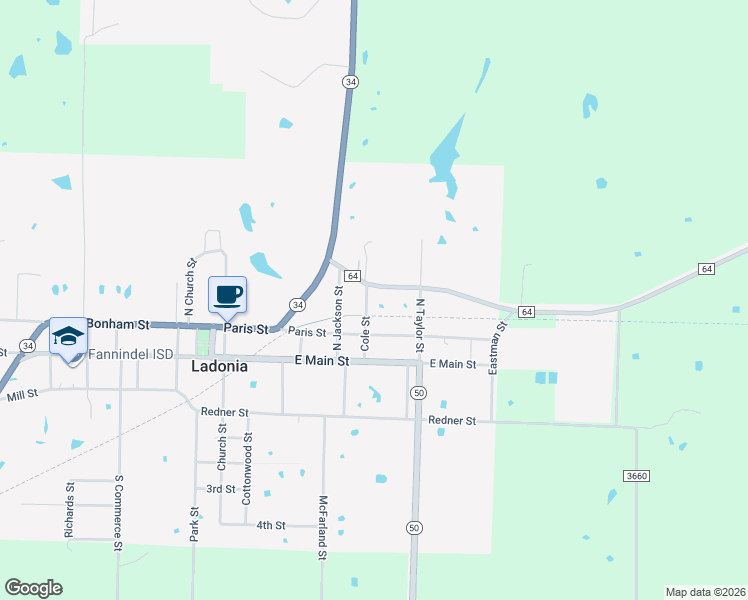 map of restaurants, bars, coffee shops, grocery stores, and more near 704 Cole Street in Ladonia