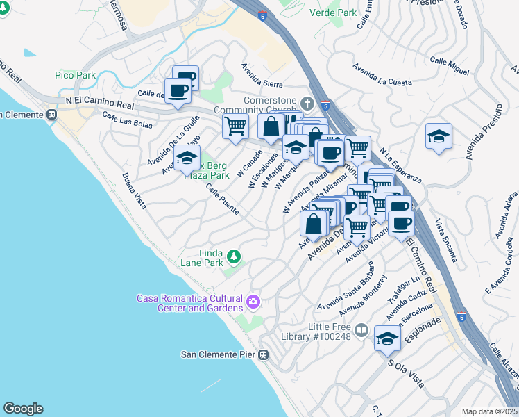 map of restaurants, bars, coffee shops, grocery stores, and more near 155 West Mariposa in San Clemente