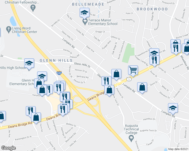 map of restaurants, bars, coffee shops, grocery stores, and more near 3108 Claudia Drive in Augusta