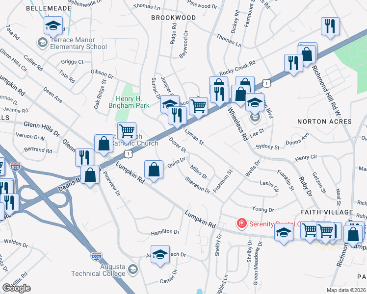 map of restaurants, bars, coffee shops, grocery stores, and more near 2579 Dover Street in Augusta