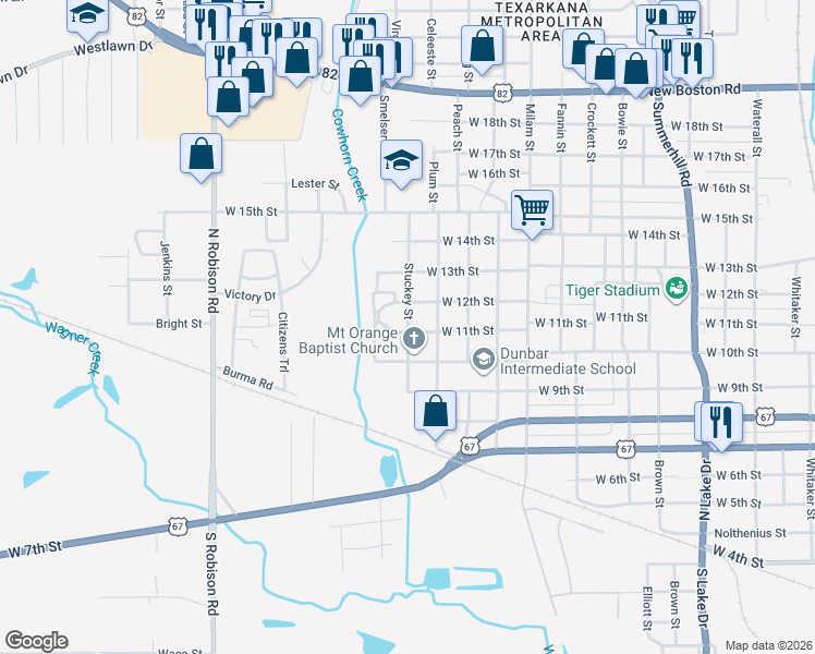map of restaurants, bars, coffee shops, grocery stores, and more near 1119 Stuckey Street in Texarkana