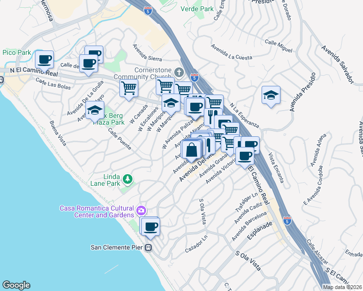 map of restaurants, bars, coffee shops, grocery stores, and more near in San Clemente