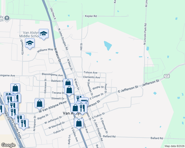 map of restaurants, bars, coffee shops, grocery stores, and more near 578 Tolson Avenue in Van Alstyne