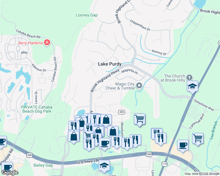 map of restaurants, bars, coffee shops, grocery stores, and more near 2080 Stone Brook Drive in Birmingham