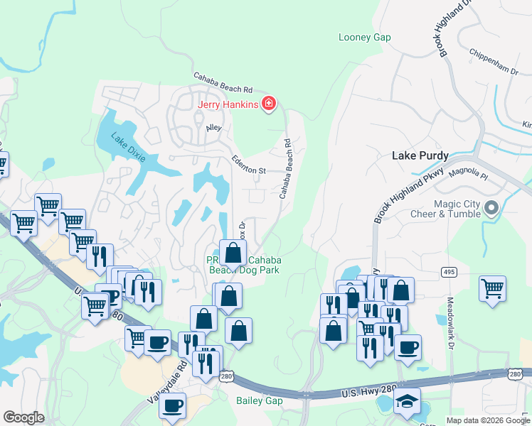 map of restaurants, bars, coffee shops, grocery stores, and more near 185 Lenox Drive in Birmingham