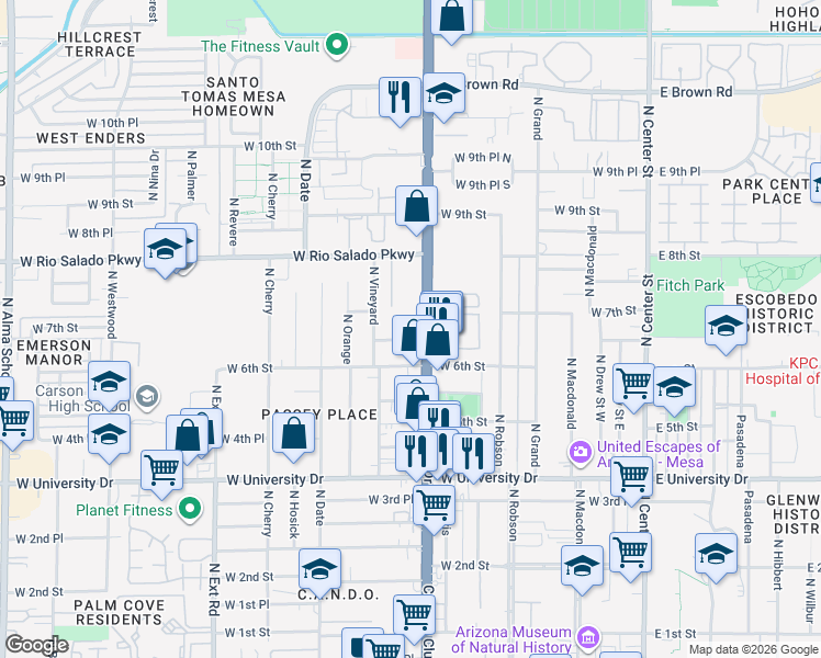 map of restaurants, bars, coffee shops, grocery stores, and more near 636 North Country Club Drive in Mesa