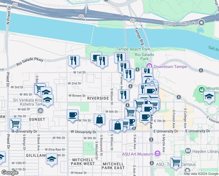 map of restaurants, bars, coffee shops, grocery stores, and more near 264 South Wilson Street in Tempe